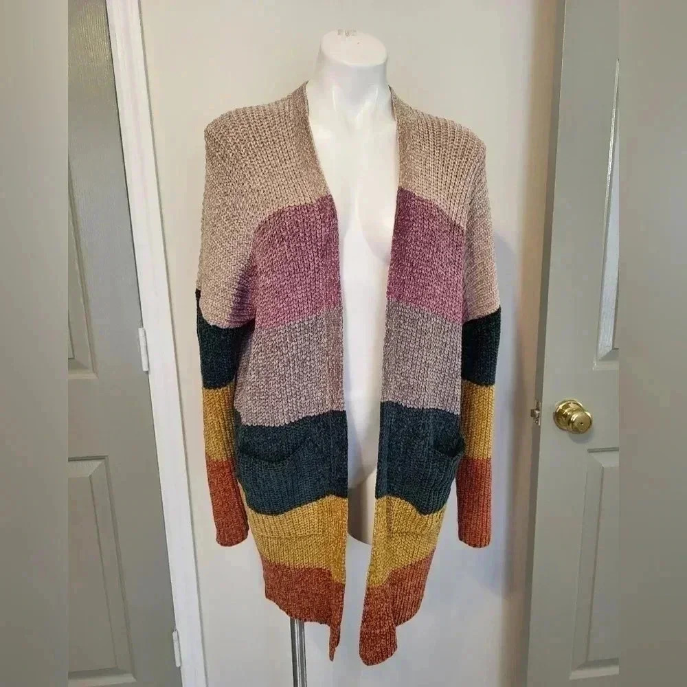 ODDY Multicolored Striped ColorBlock Open Front Sweater Cardigan(S/M)